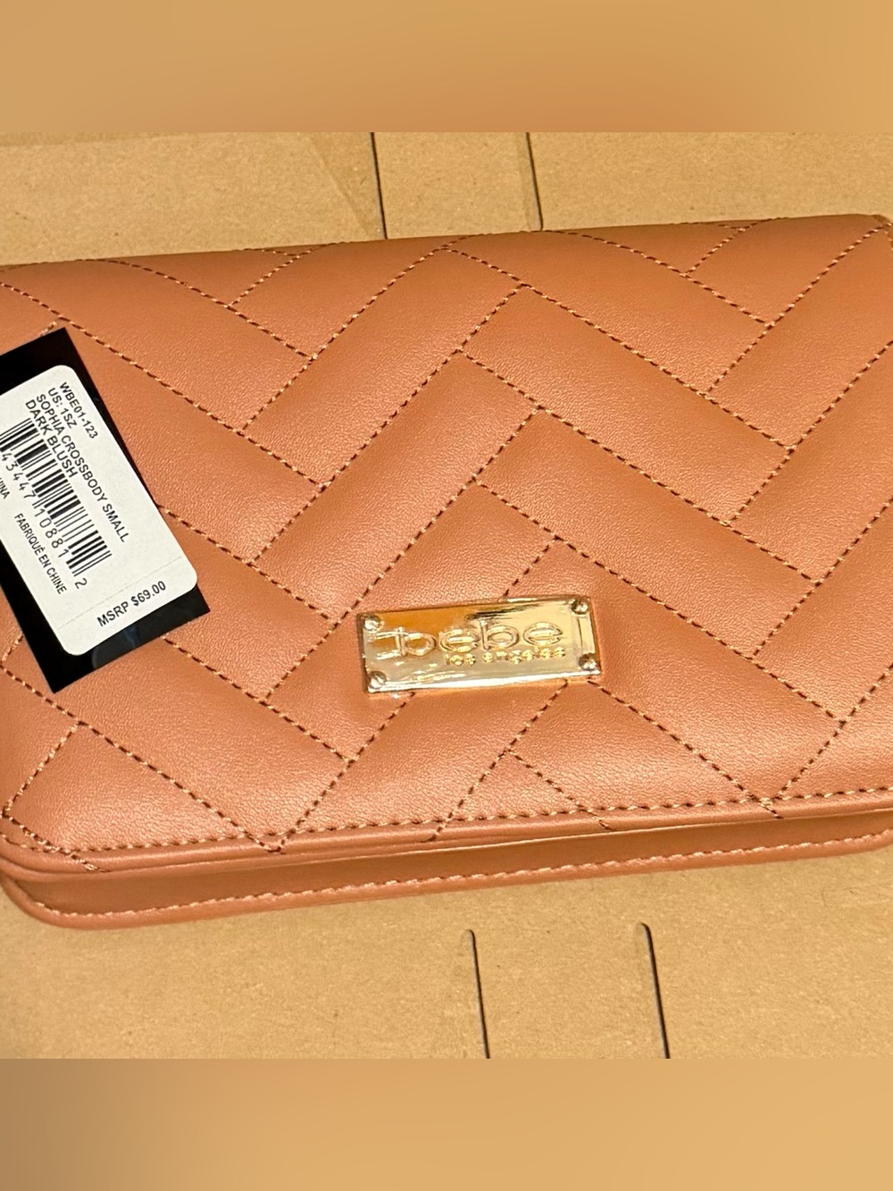bebe Quilted Crossbody in Warm Tan with Gold Plaque